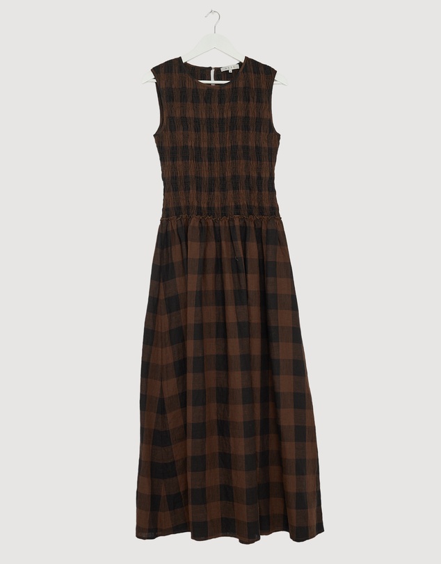 Revibe - Repaired AERE Inka Linen Gingham Shirred Maxi Dress - AU 14