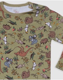 B Free Intimate Apparel - Baby Snap Button Sleepsuit with Booties - 100% Organic Cotton - Khaki Native Aussie Animals