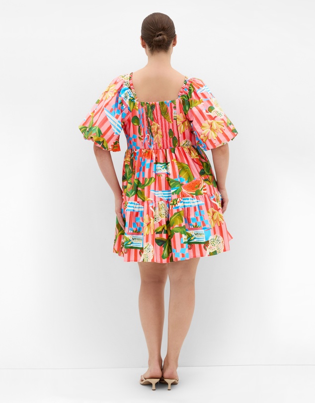 City Chic - Plus Size Fantasy Holiday Print Puff Sleeve Mini Dress - pink
