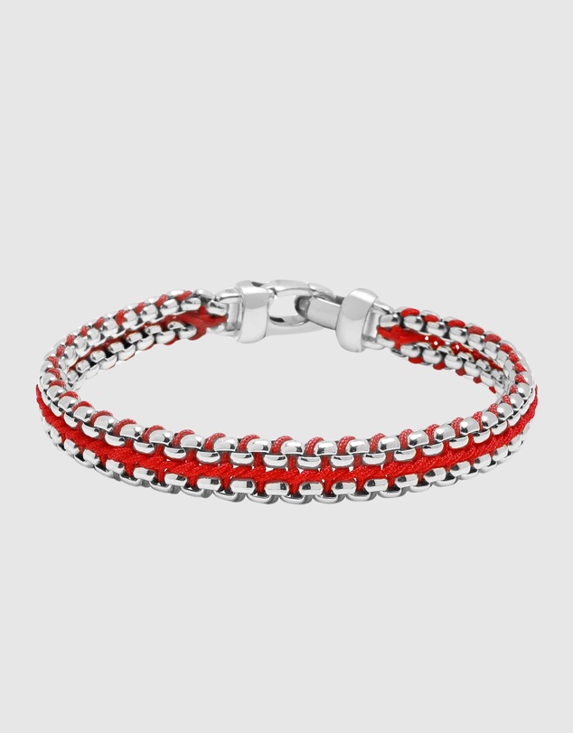 Nialaya Jewellery - Men's Red Woven 8mm Box Chain Bracelet in Silver