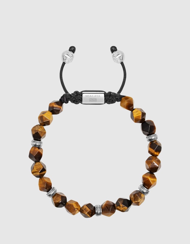 Nialaya Jewellery - Men's Sterling Silver Faceted Beaded Bracelet with Brown Tiger Eye