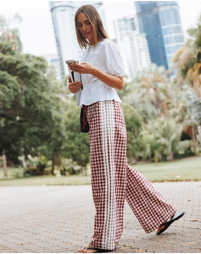 Petal & Pup - Lawson Track Pants - Burgundy Gingham