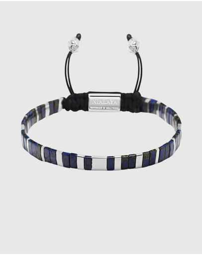 Nialaya Jewellery - Men's Bracelet with Marbled Blue and Silver Miyuki Tila Beads