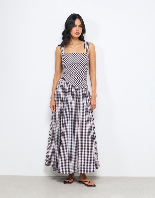 AERE - Kylara Gingham Ruched Midi Dress