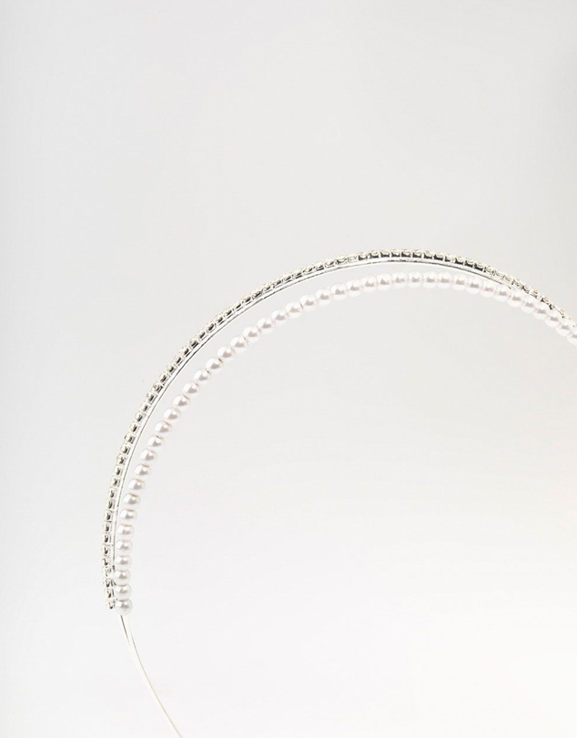 Lovisa - Silver Plated Double Layered Pearl & Crystal Headband