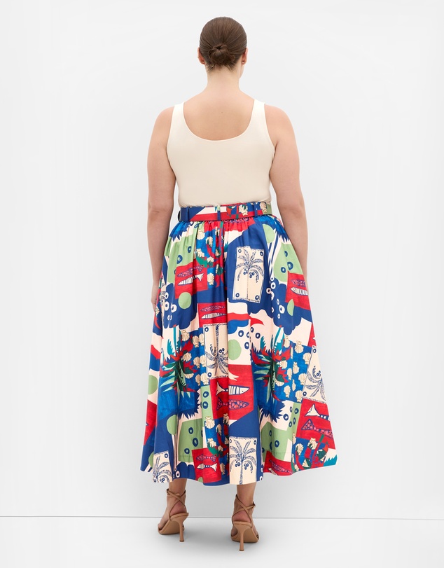 City Chic - Plus size Elysia Marine Print Belted Cotton Skirt - bone