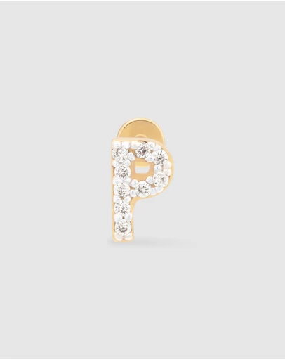 Wanderlust + Co - Alphabet Pave Gold Flat Back Earring - Letter P