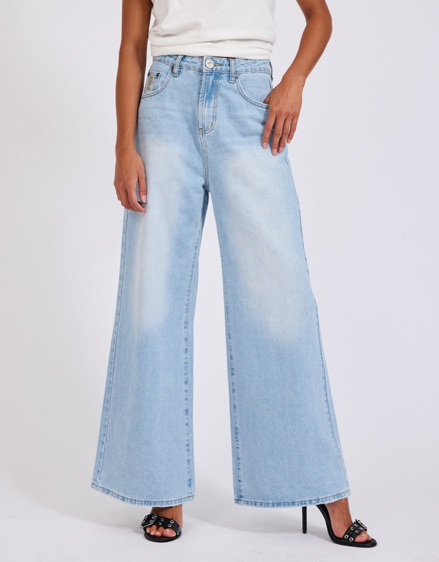 ONE TEASPOON - Love Machines Mid Waist Super Wide Leg Heartless Denim Jeans - Blue