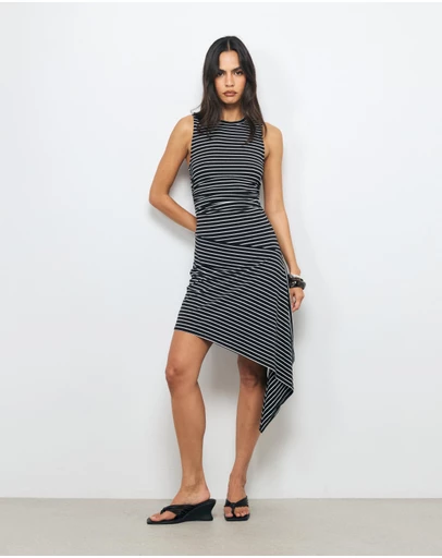 AERE - Neve Stripe Asymmetric Hem Dress
