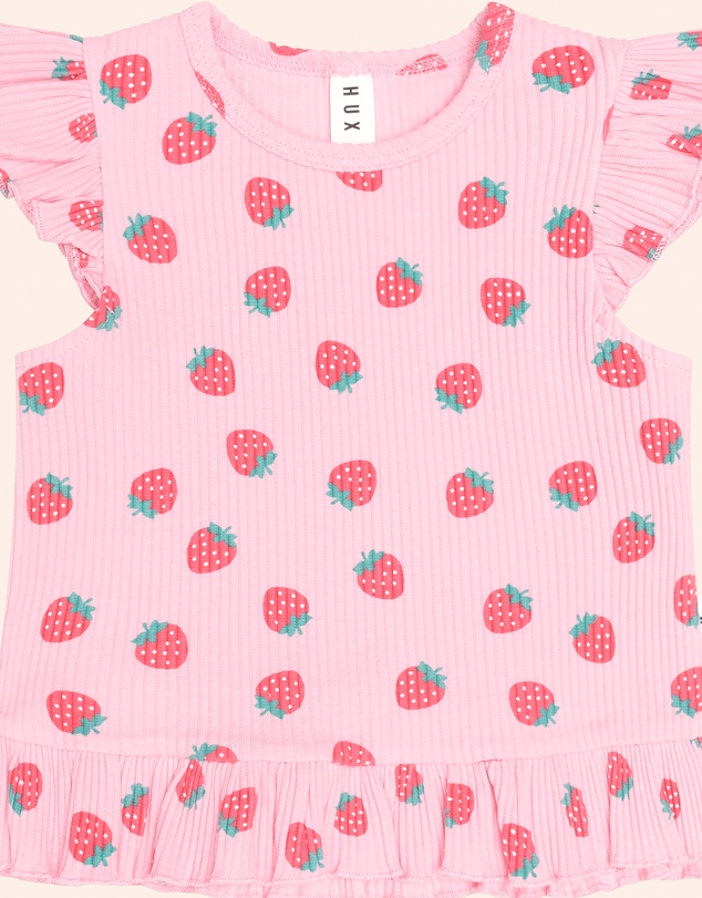 Huxbaby - Strawberry Print Rib Peplum Tee - Babies-Kids