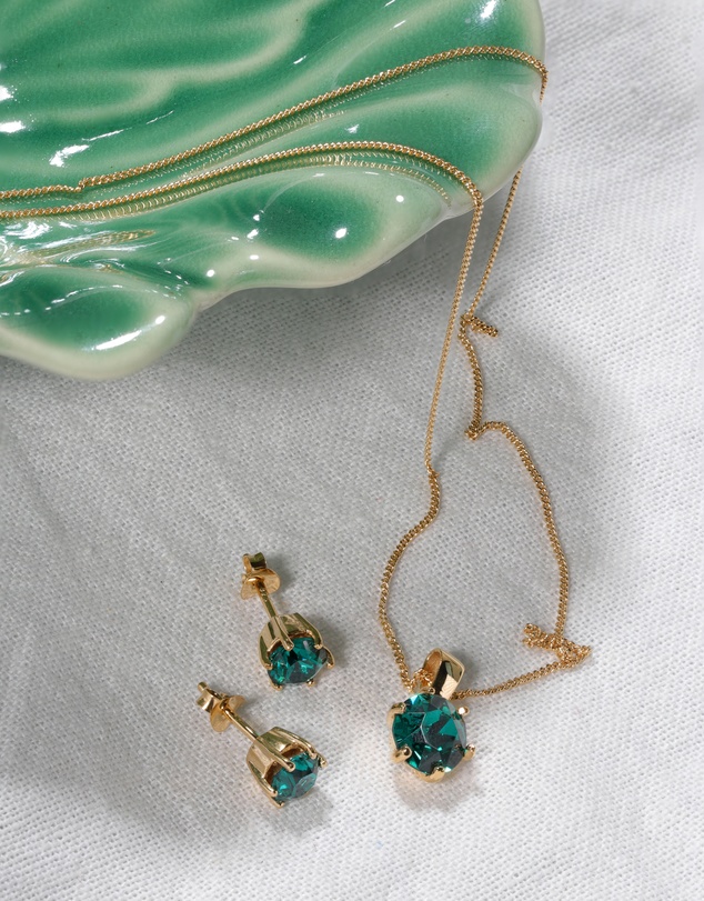 Elli Jewelry - Green Crystal Solitaire Jewellery Set in Gold-Plated 925 Silver