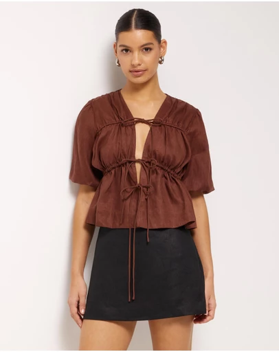AERE - Linen Gathered Tie Front Top