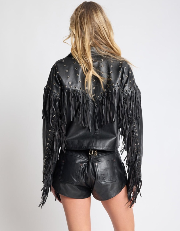 ONE TEASPOON - Rogue Rodeo Fringed Cropped Leather Jacket - Black