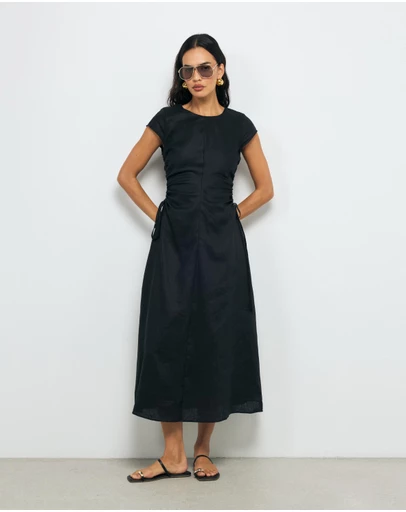 AERE - Lucia Ruched Linen Midi Dress