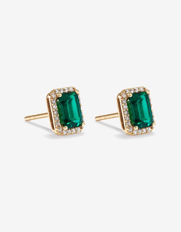 Michael Hill - Emerald Cut Green Created Emerald Gemstone and Diamond Halo Earrings in 10kt Yellow Gold