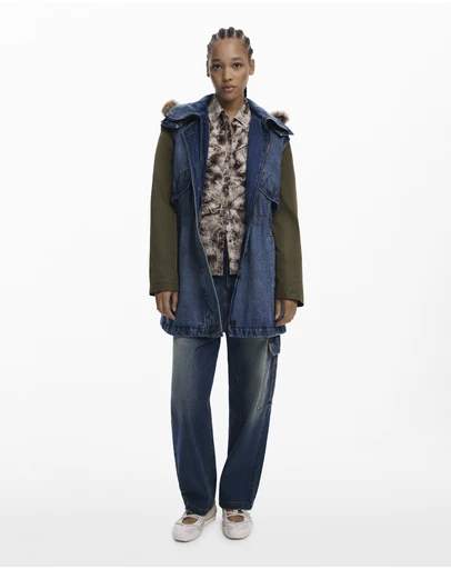 Desigual - Denim coat with faux fur trim