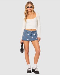 EDIKTED - Alivia Satin Bow Denim Micro Skort
