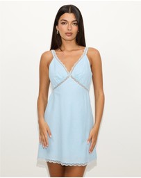Dazie - Porcelain Linen Blend Lace Trim Mini Dress