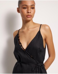 AERE - Nora Beaded Linen Wrap Mini Dress