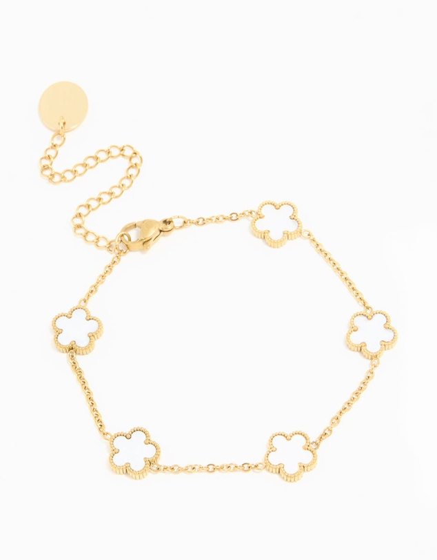 Lovisa - Waterproof Gold Plated Stainless Steel Ivory Inlay Flower Petals Charm Bracelet