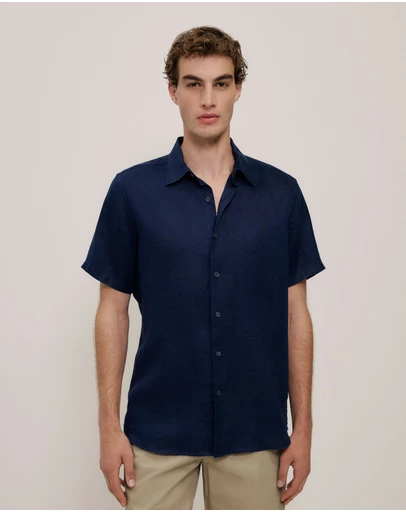 Trenery - Regular Fit Linen Short Sleeve Shirt in Navy