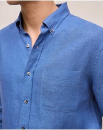 Trenery - Regular Fit Delave Linen Long Sleeve Shirt in Mineral Blue