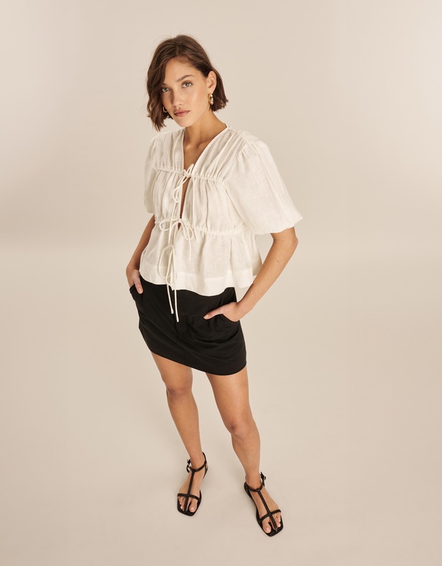 AERE - Linen Gathered Tie Front Top