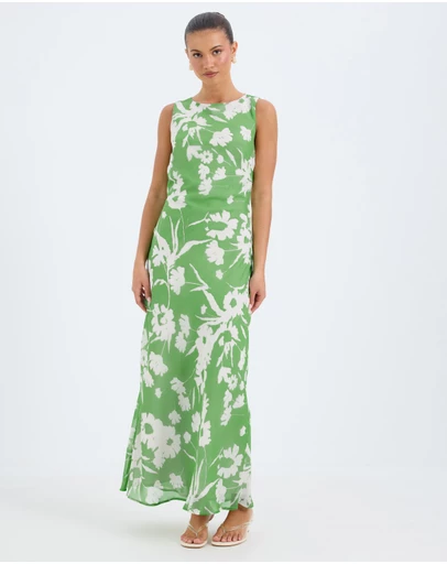 Calli - Aurora Verde Floral Print Bias Boat Neck Midi Dress