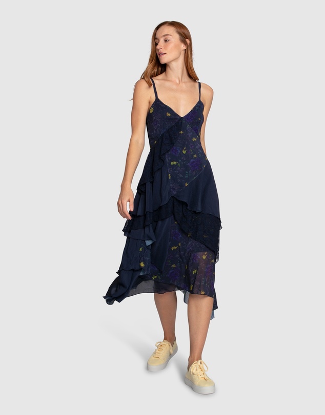 Belle & Bloom - Charmed Floral Print Ruffle Midi Dress