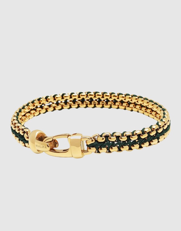 Nialaya Jewellery - Green Woven 8mm Box Chain Bracelet in Gold