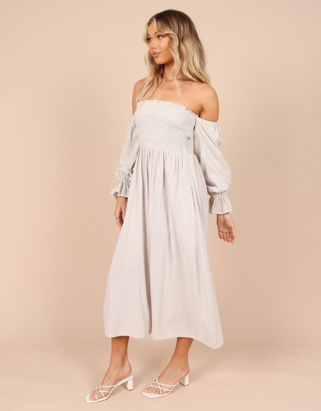 Petal & Pup - Domenica Shirred Long Sleeve Midi Dress - Beige Stripe