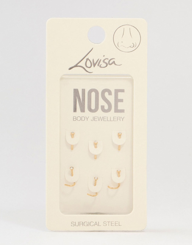 Lovisa - Gold Plated Surgical Steel Mixed Diamante Post Nose Studs 6-Pack
