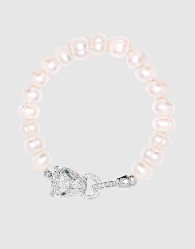 Nialaya Jewellery - Women's Pearl Bracelet with Silver Panther Head
