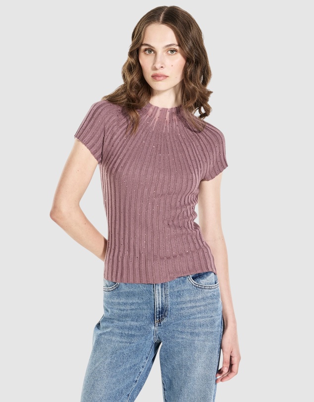 GUESS - Short Sleeve Sheer Yoke Perilla Ribbed Sweater