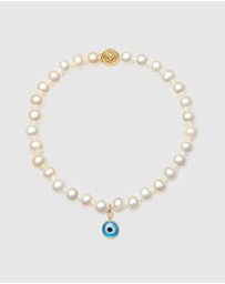 Nialaya Jewellery - Wristband with White Pearls and Blue Evil Eye Charm