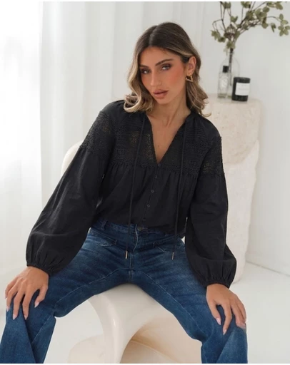 Esther & Co - Chenille Blouse - Black Lace