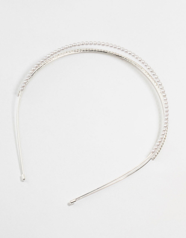 Lovisa - Silver Plated Double Layered Pearl & Crystal Headband