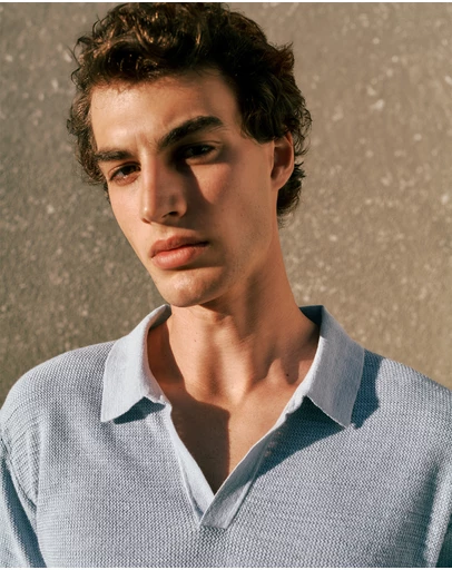 Trenery - Cotton Linen Collared Knit Polo in Ice Blue