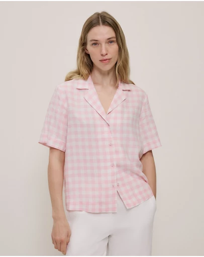 Trenery - Gingham Linen Short Sleeve Shirt in Blossom Pink