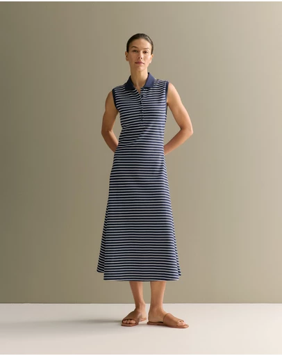 Trenery - Cotton Pique Stripe Sleeveless Polo Dress in Navy