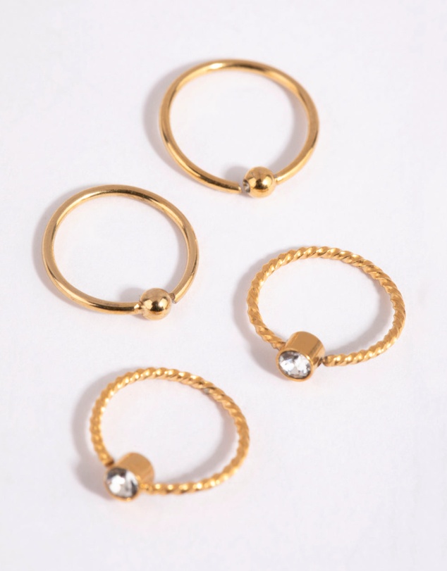 Lovisa - Gold Plated Surgical Steel Textured Diamante Nose Ring 4-Pack