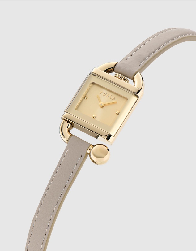 Furla - Mianuvola Square Yellow Gold-Tone Grey Leather Strap Watch