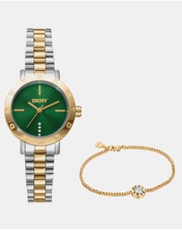 DKNY - Essentials Two-Tone 28mm Green Dial Womens Watch + Gold Bracelet