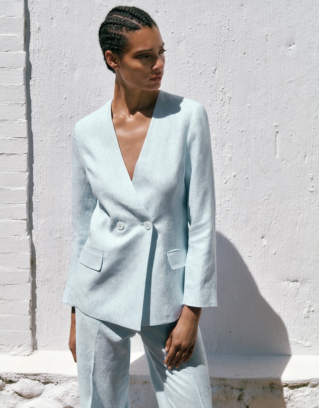 Trenery - Linen Collarless V Neck Blazer in Pastel Blue