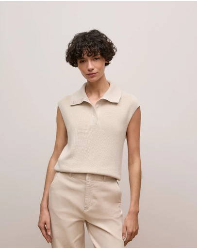 Trenery - Cotton Cashmere Sleeveless Button Neck Knit in Stone