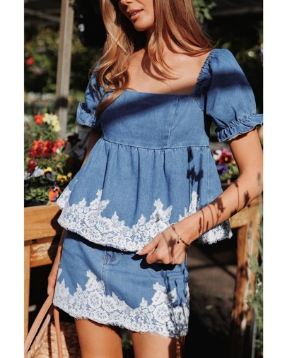 Petal & Pup - Yilissa Lace Trim Denim Mini Skirt - Vintage Blue Wash