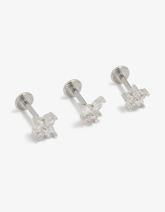 Lovisa - Surgical Steel Cubic Zirconia Floral Flat Back Studs 3-Pack