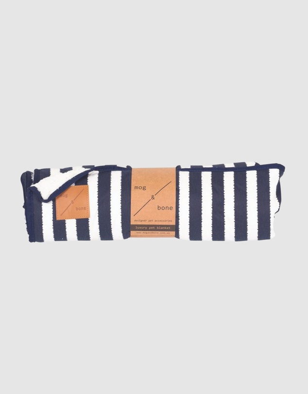 Mog & Bone - Fleece Dog Pet Blanket - Navy Hamptons Stripe Print