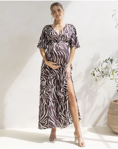 Angel Maternity - Margaux Maternity Evening Maxi Dress in Chocolate Zebra Print