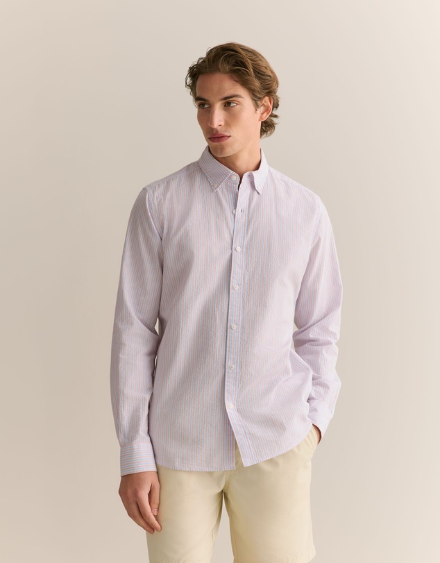 Trenery - Regular Fit Cotton Seersucker Stripe Shirt in Wedgewood Blue
